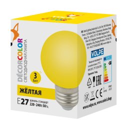 LED-G60-3W-YELLOW-E27-FR-С Лампа декоративная светодиодная. Форма шар. матовая. Цвет желтый. Картон. ТМ Volpe.